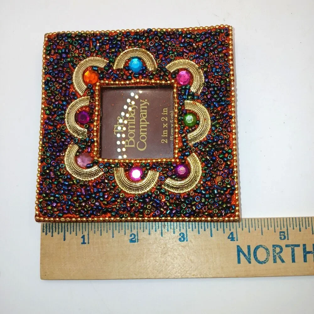 Bombay Company Small Photo Frame Harlequin Hand Beaded 2X2 Pic Colorful Boho
